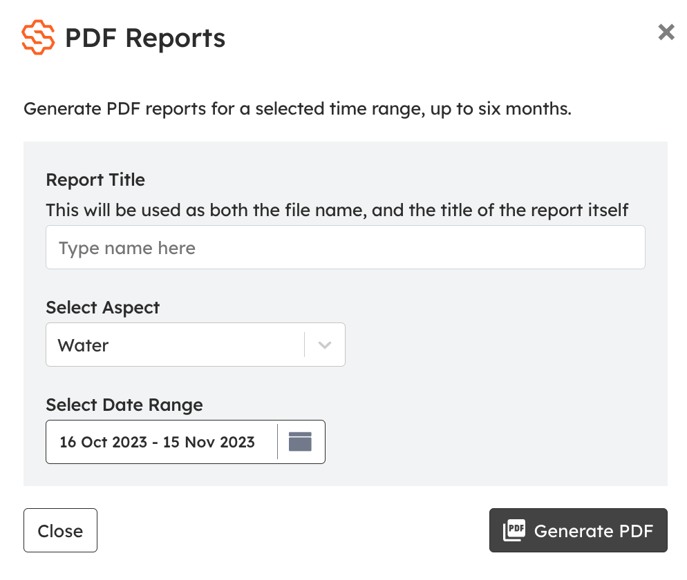 Image shows the Generate PDF window - it has report title, a dropdown to select the aspect and a calendar picker for the date range.