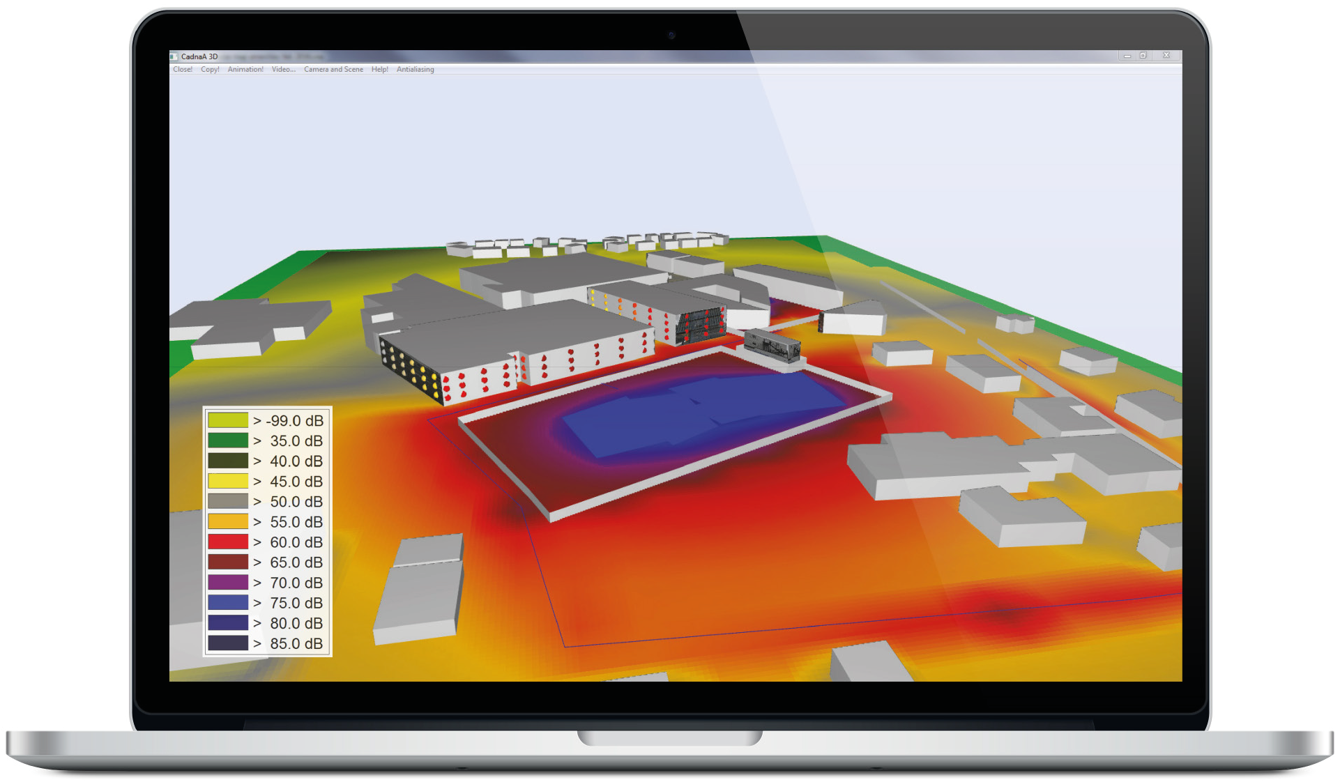 Graphic of laptop with predictive noise modelling software on the screen showing noise affected areas