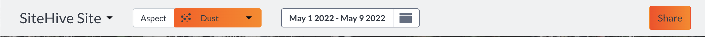 This image is of the stakeholder view menubar it has the site name, aspect, date range and share button.