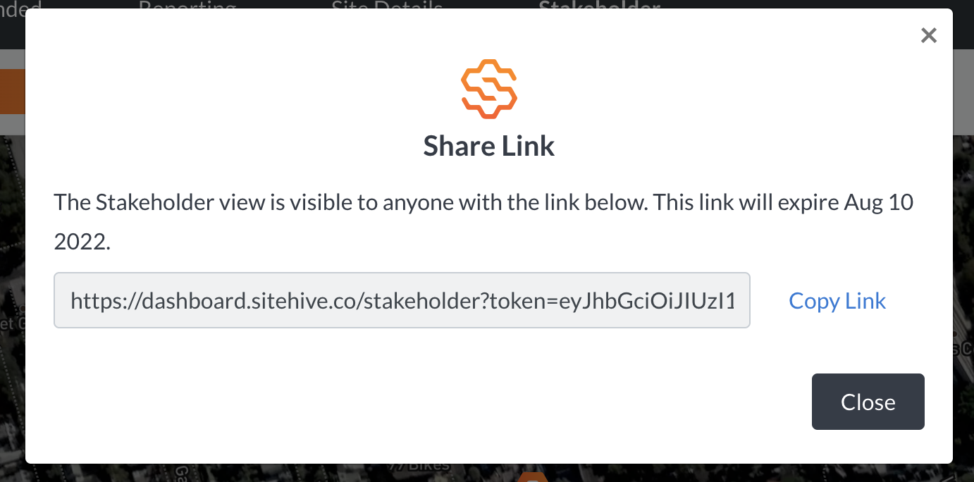 This image is of the page that pops up when you click the 'share' button. There is a share link and a 'copy link' button and a 'close' button.
