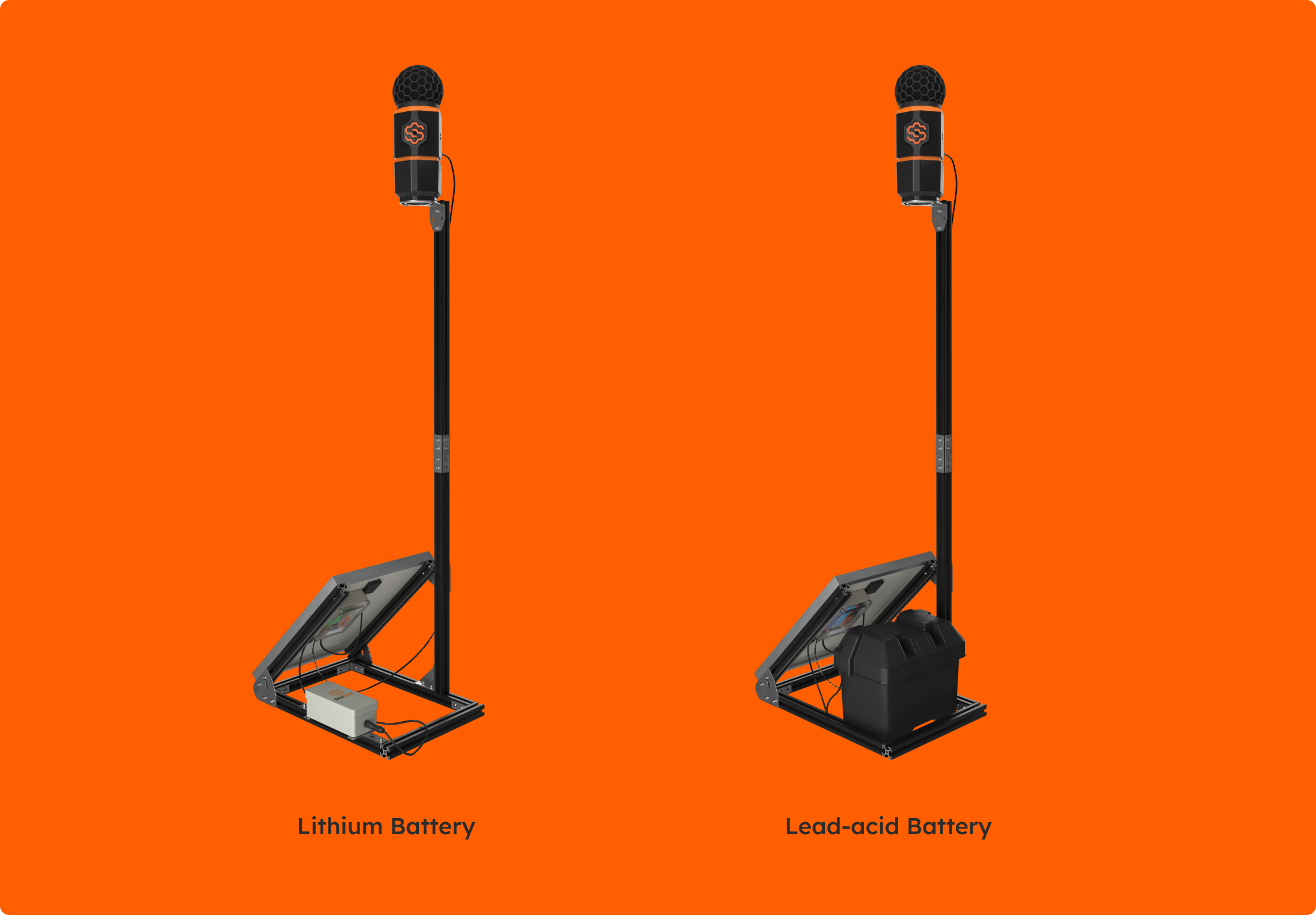 Two SiteHive Hexanode Noise+Dust solar stands side by side: the compact white lithium battery on the left frame, and the larger black lead-acid battery box on the right frame.
