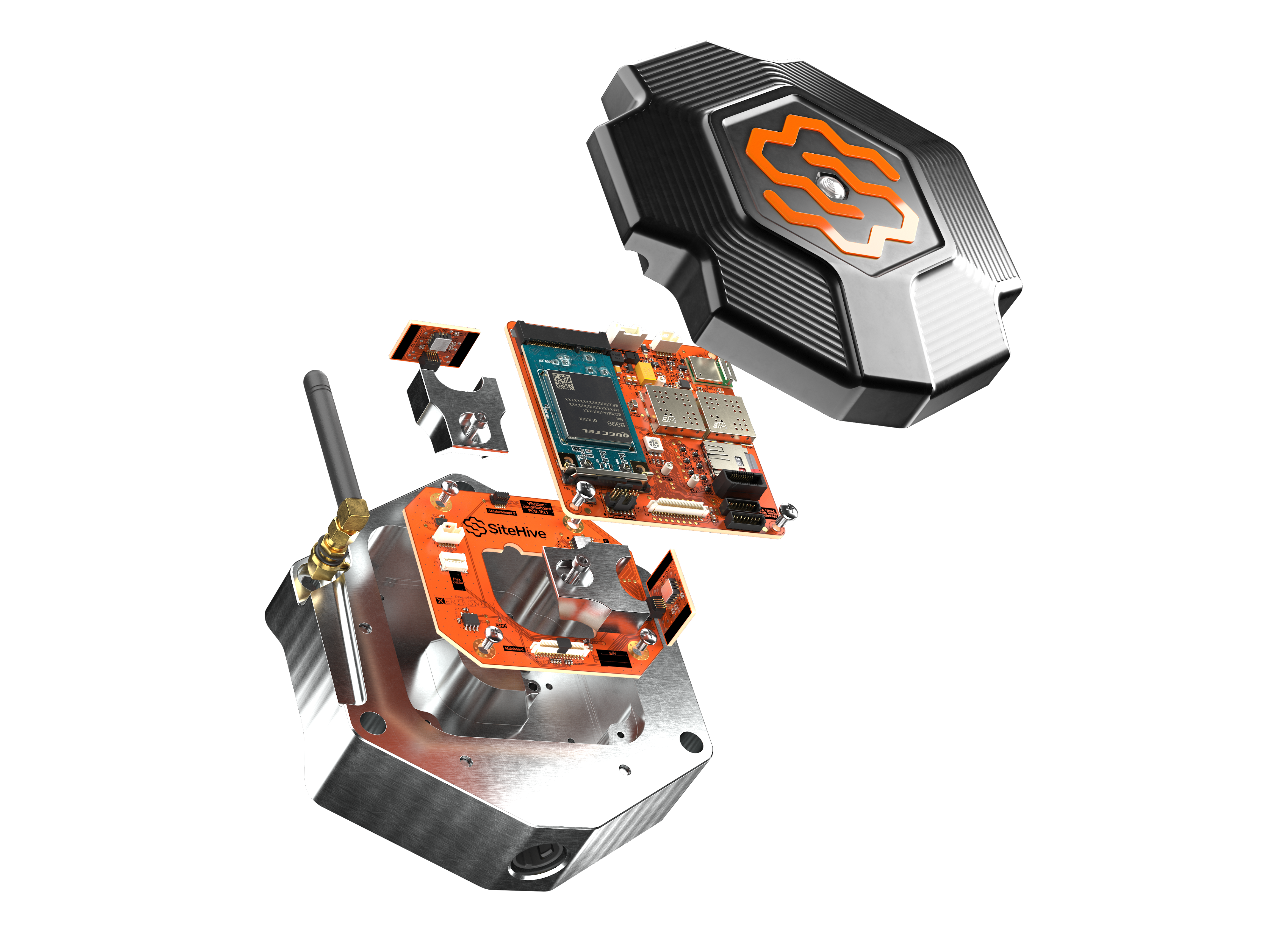 Exploded view of SiteHive Hexanode Vibration including SiteHive Mainboard, CAT M1 comms module, vibration board with accelerometers, aluminium enclosure and external antenna