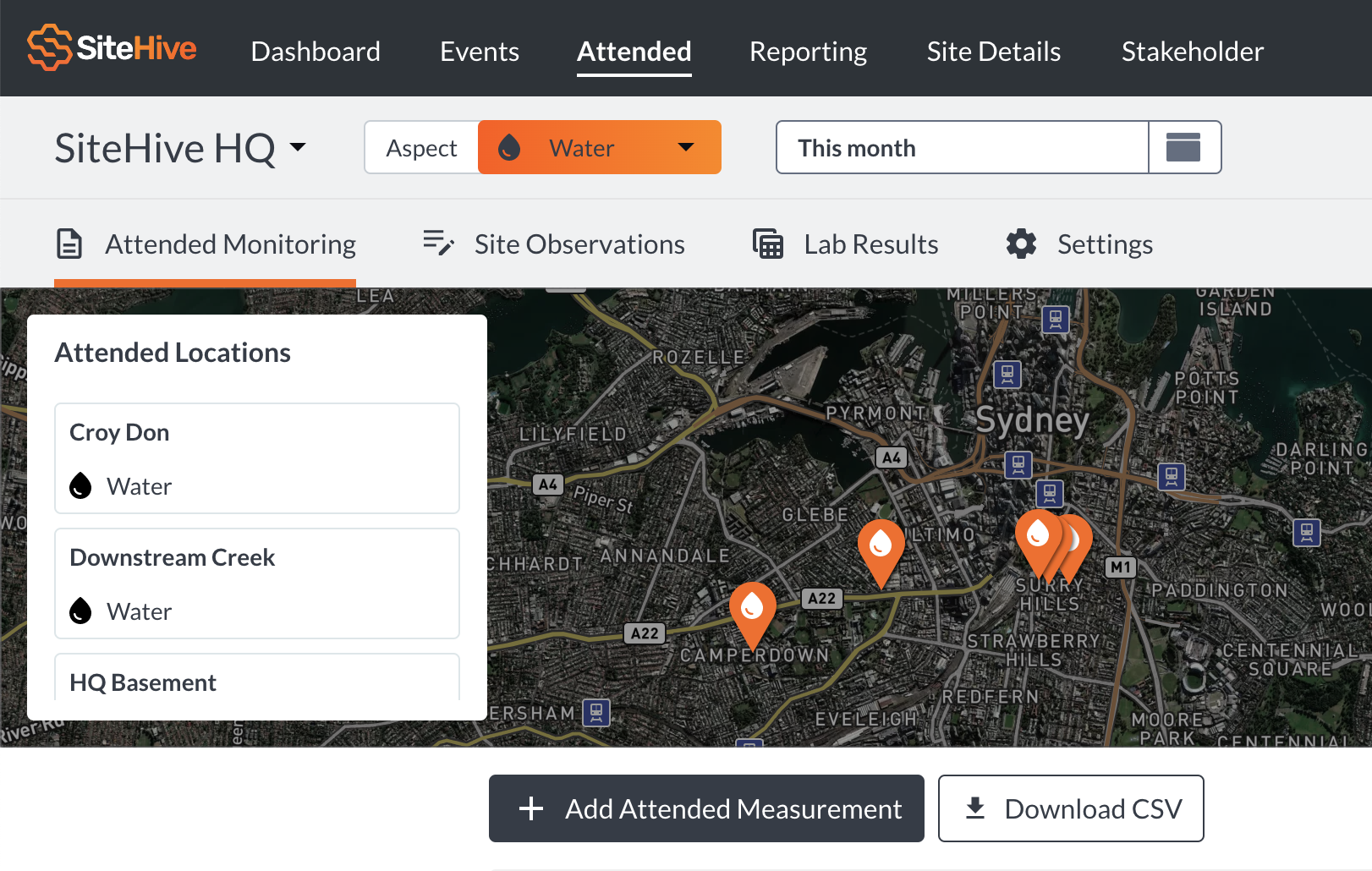 This image is of the 'Attended' tab that has been selected on the SiteHive Enviro Dashboard. On the second menubar 'Attended Monitoring' has been selected. It shows a list of the site's 'Attended Locations' and next to that there is a map that pinpoints those locations. Underneath the list and map there is an 'Add Attended Measurement button' and a 'Download CSV' button.