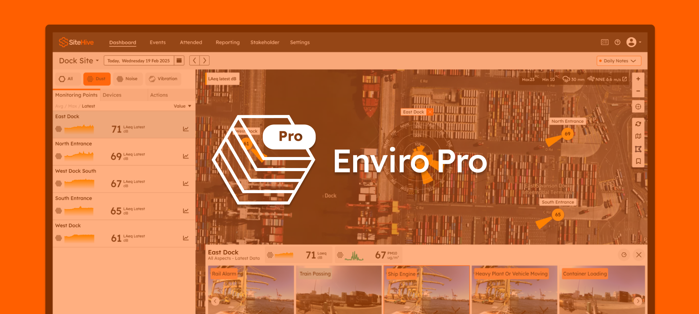 SiteHive Enviro Pro: the Enviro Pro logo over a dashboard showing a dock site with monitoring points, a directional noise map and an AI-classified media reel.