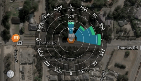 GIF of the SiteHive dashboard map with the dust direction of arrival data layer turned on at Thomas Road WA. The data layer shows the pm10 and pm2.5 concentrations per direction over the course of a day for two separate hexanodes 