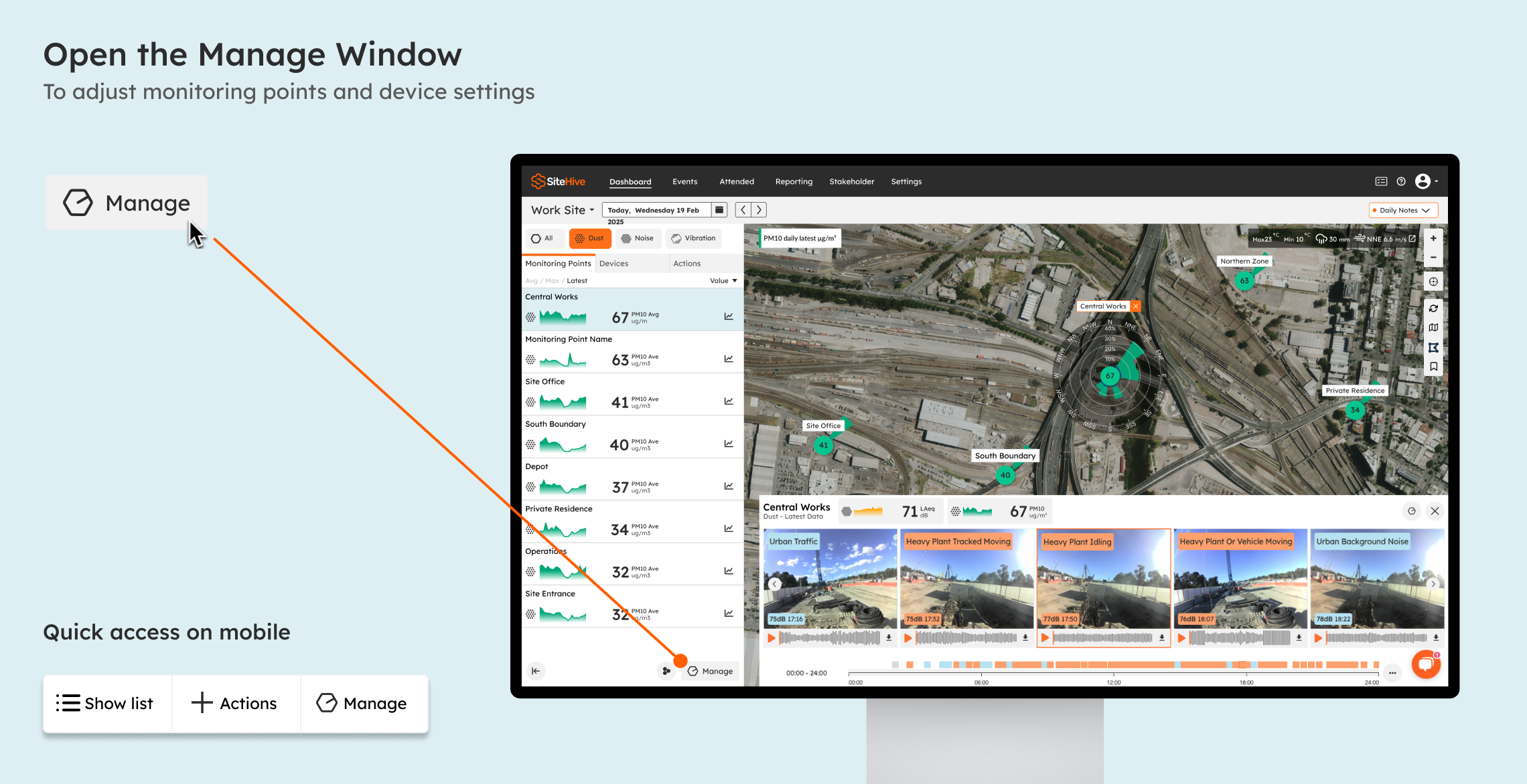 The Manage window, opened from the Dashboard side panel, showing its Monitoring Point and Device views.