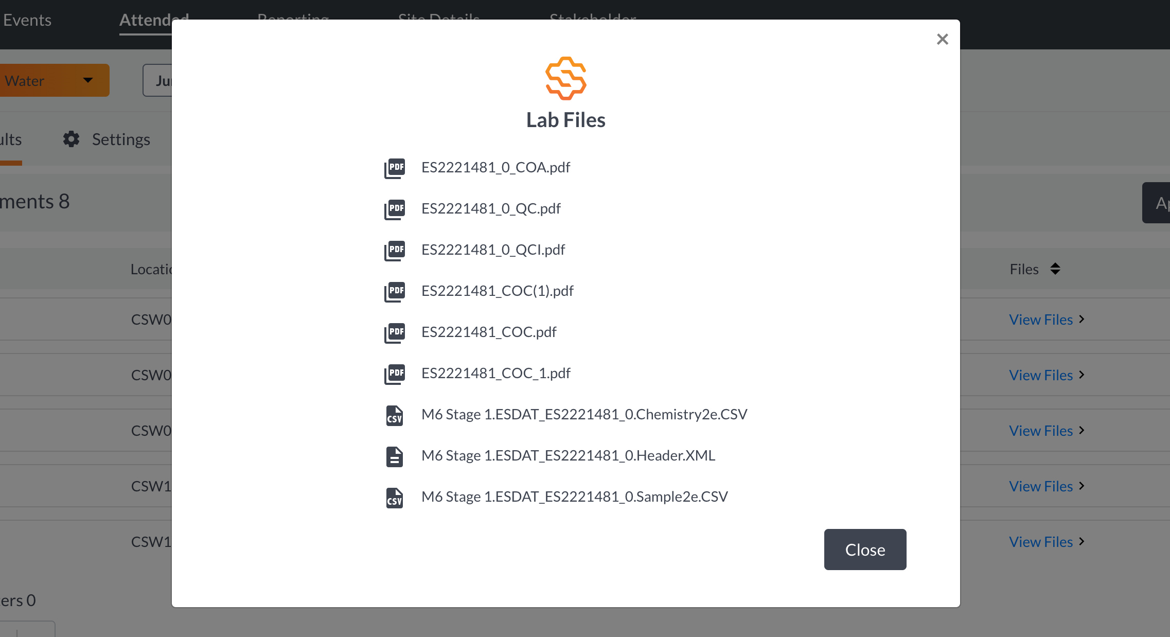 SiteHive attended water lab files window showing all the source files associated with a set of lab results e.g. Chain of Custody and ESDAT files