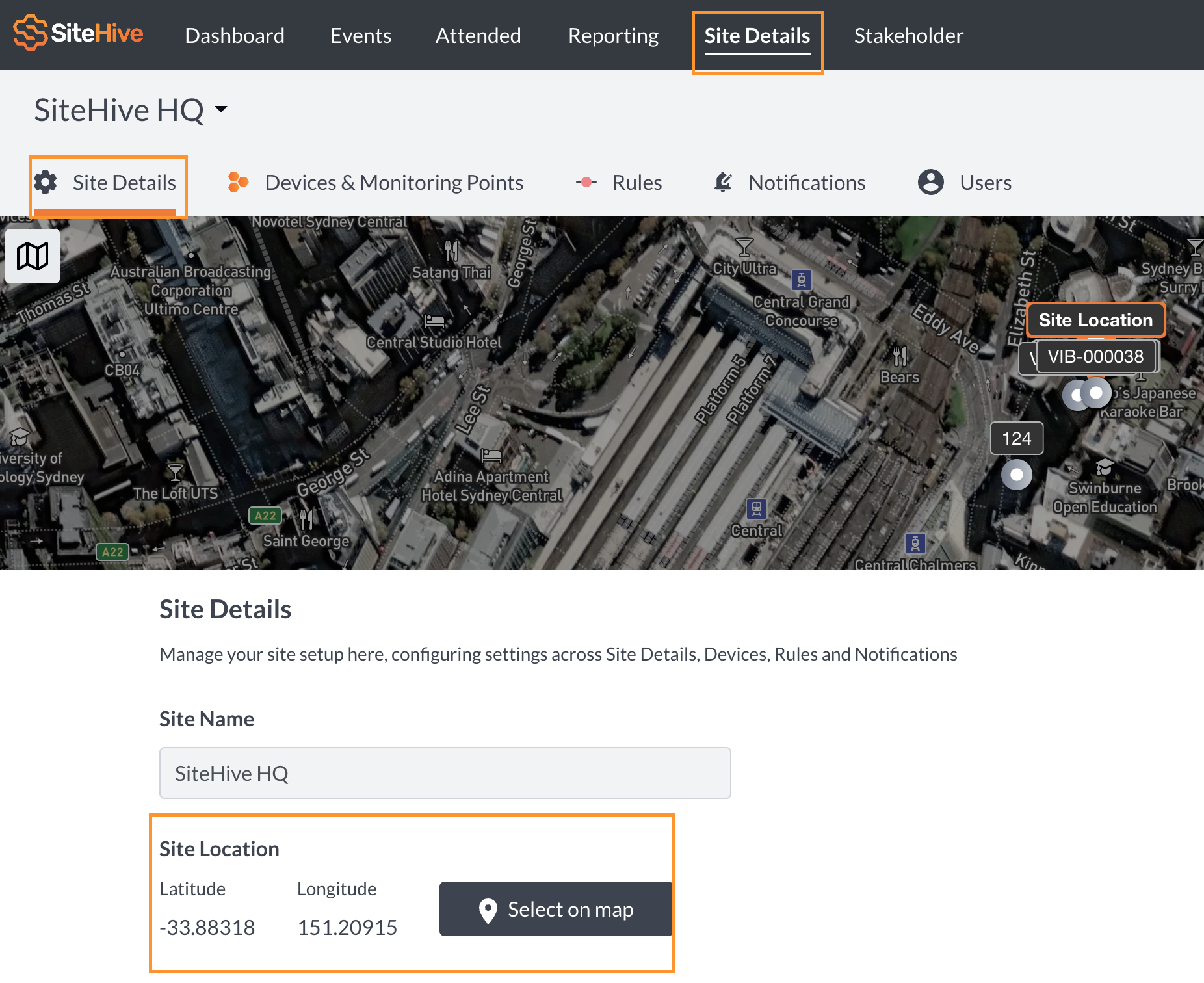 This image shows where to set up your correct site location. It shows the SiteHive Enviro Dashboard. In the top menubar 'site details' has been highlighted and on the second menubar under the site name 'site details' has been selected. The image shows the 'site details' page with 'site location' highlighted. On the Site Details page there is Site Name - in this image it is 'SiteHive HQ' and then Site Location with Latitude and Longitude and a 'select on map' button.