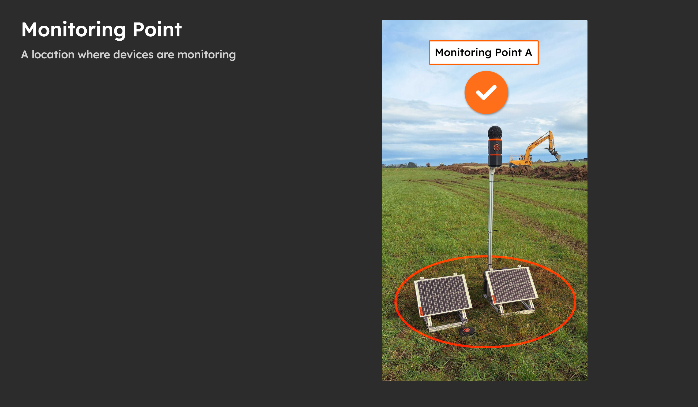 Monitoring Point A on site: a SiteHive Hexanode on a mast with its solar panels, the whole set-up marked as one location.