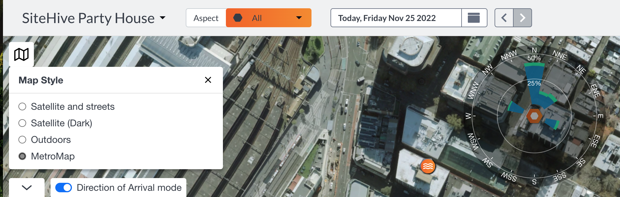 SiteHive dashboard map with MetroMap option available in Map Styles section