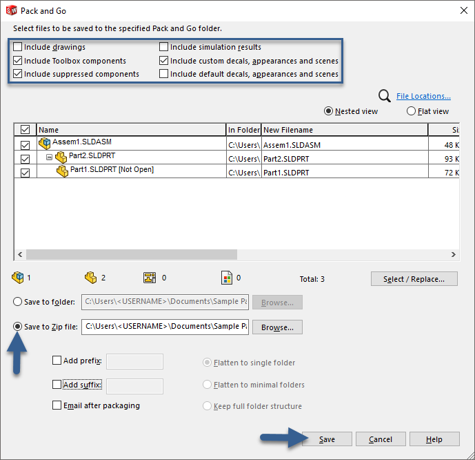 Pack and Go Menu - Save to Zip file and then Save