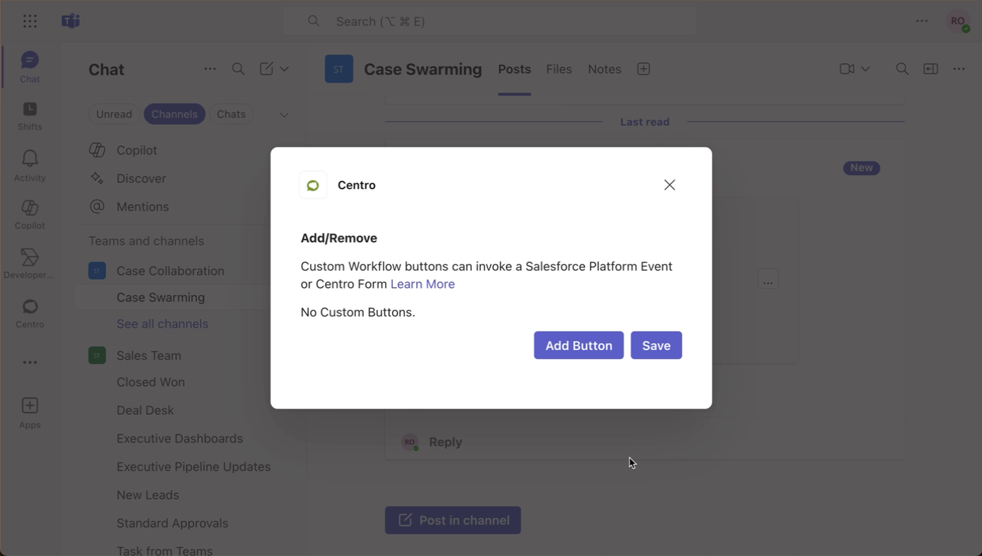 Configure custom buttons: Platform Event or Centro form