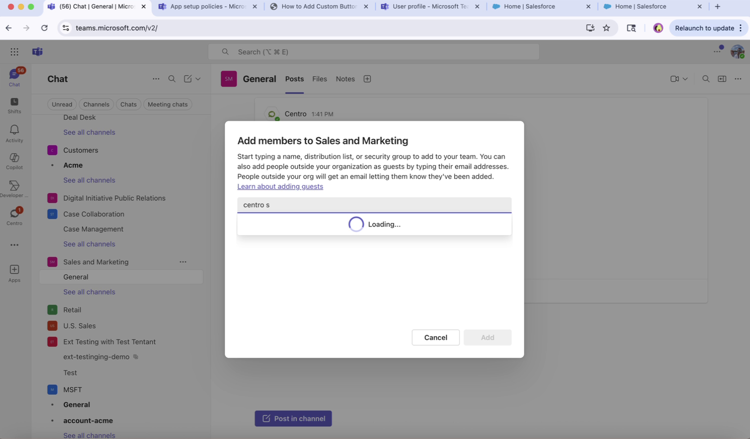 Manage team > Apps — ensure the Centro app is present