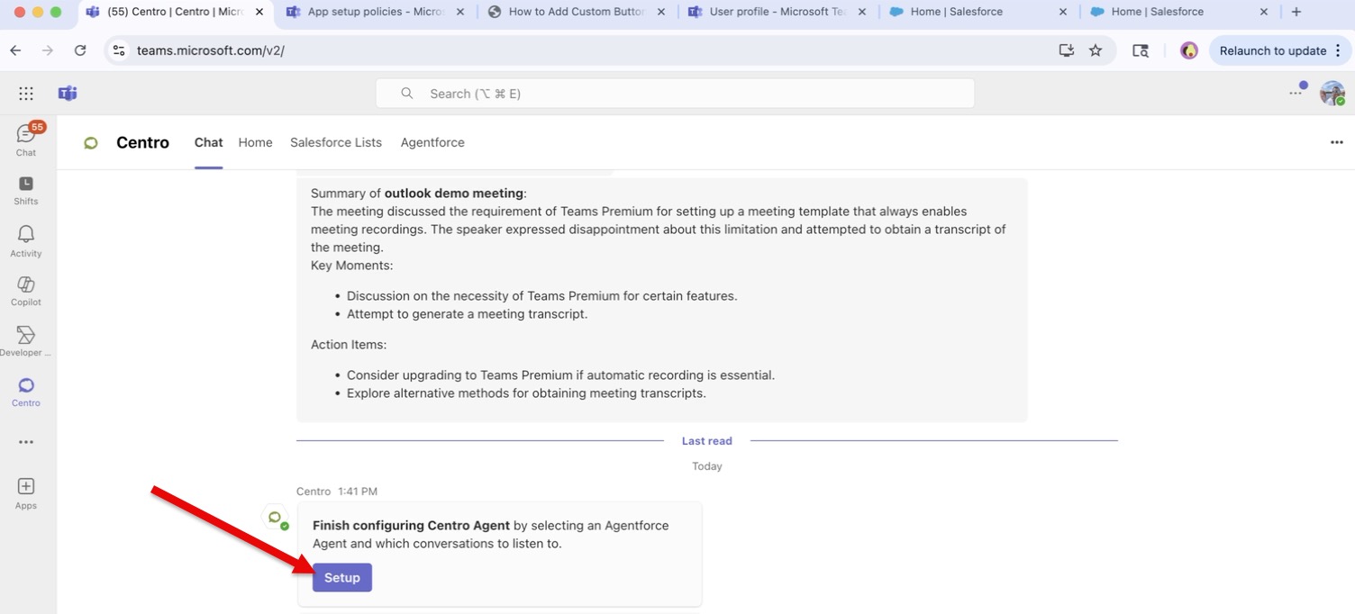 @mention triggers the Centro setup prompt